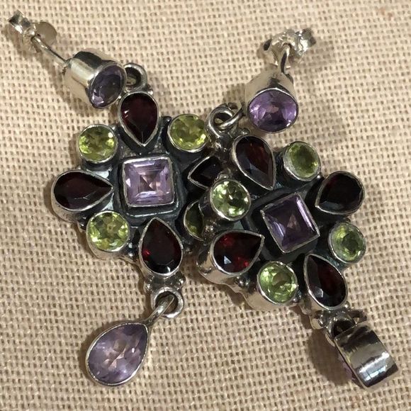 Garnet Peridot Amethyst Sterling Silver Drop Dangle Faceted Earrings - Picture 5 of 8